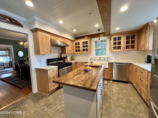 207 W Eden St, Edenton, NC 27932 - kitchen featuring appliances with stainless steel finishes, wall chimney range hood, ornamental molding, wood counters, and plenty of natural light