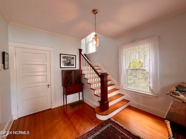 stairway featuring hardwood / wood-style floors, a healthy amount of sunlight, and crown molding