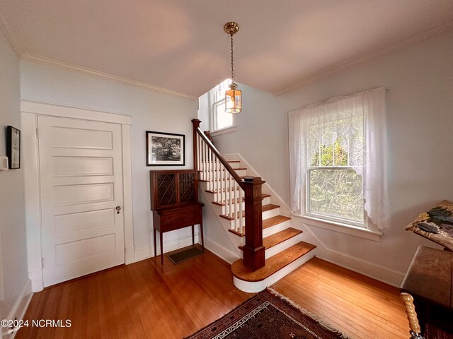 207 W Eden St, Edenton, NC 27932 - stairway featuring wood-type flooring, ornamental molding, and baseboards