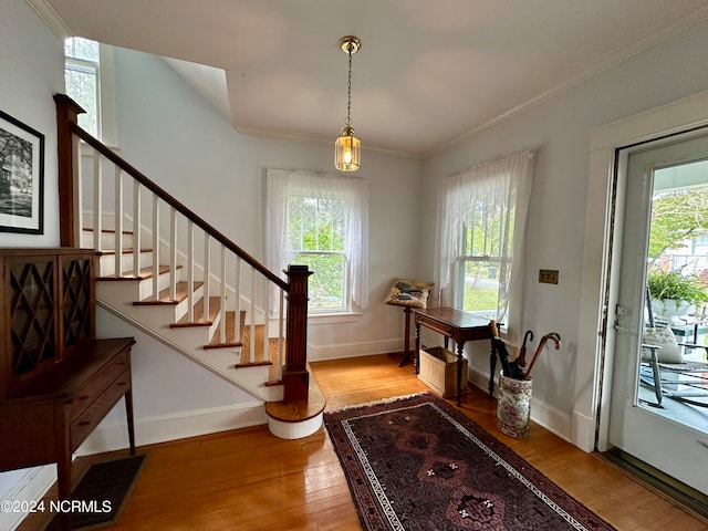 foyer entrance featuring light hardwood / wood-style flooring, ornamental molding, and a healthy amount of sunlight