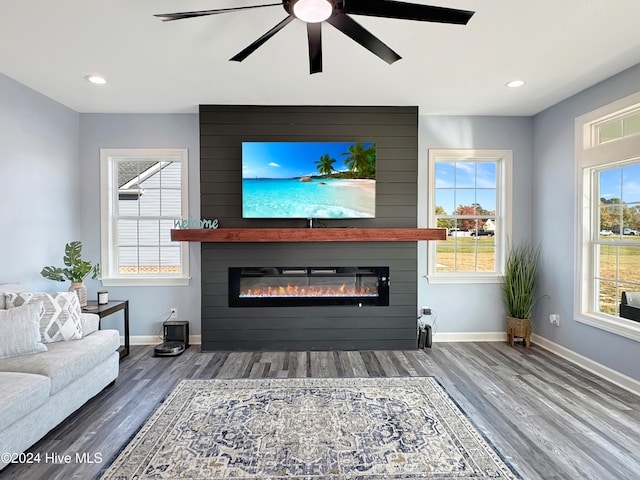 living room featuring a large fireplace, dark hardwood / wood-style floors, a wealth of natural light, and ceiling fan