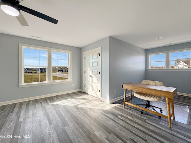 office area featuring hardwood / wood-style floors and ceiling fan