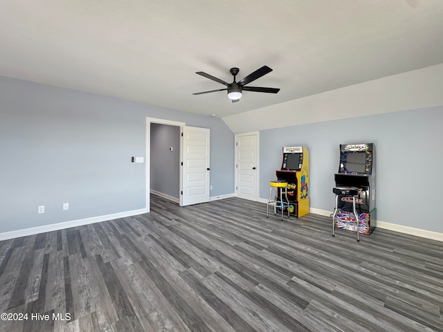 unfurnished bedroom with ceiling fan and dark hardwood / wood-style flooring