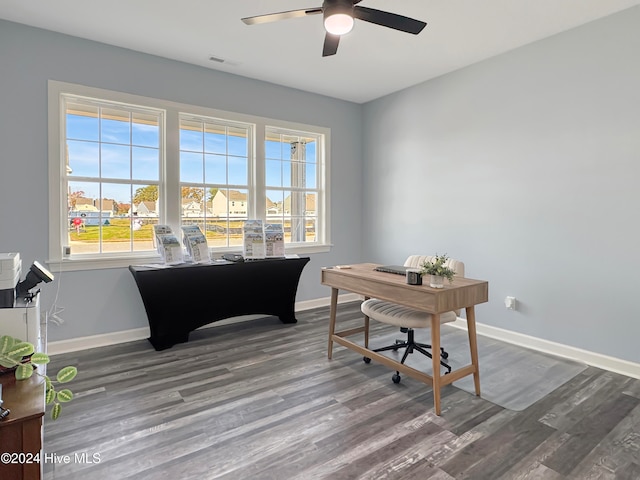 office area featuring wood-type flooring, plenty of natural light, and ceiling fan