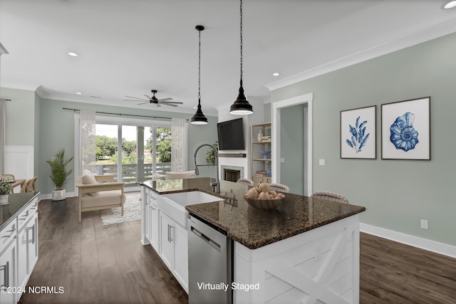 361 Chadwick Shores Dr, Sneads Ferry, NC 28460 - kitchen with crown molding, ceiling fan, a sink, a fireplace, and stainless steel dishwasher