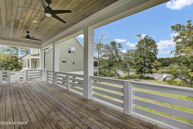 wooden deck featuring ceiling fan and a water view