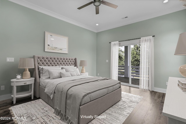 bedroom featuring wood-type flooring, access to outside, ceiling fan, and crown molding