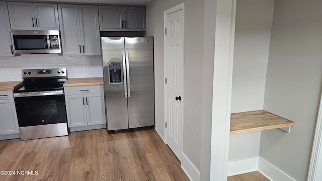 kitchen with gray cabinets, light wood-type flooring, decorative backsplash, appliances with stainless steel finishes, and butcher block countertops