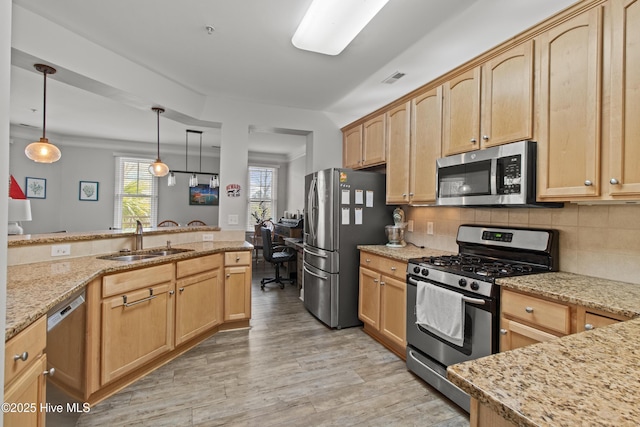648 Village Park Dr Unit 203, Wilmington, NC 28405 - kitchen with stainless steel appliances, a sink, light wood-style floors, light stone counters, and light brown cabinetry