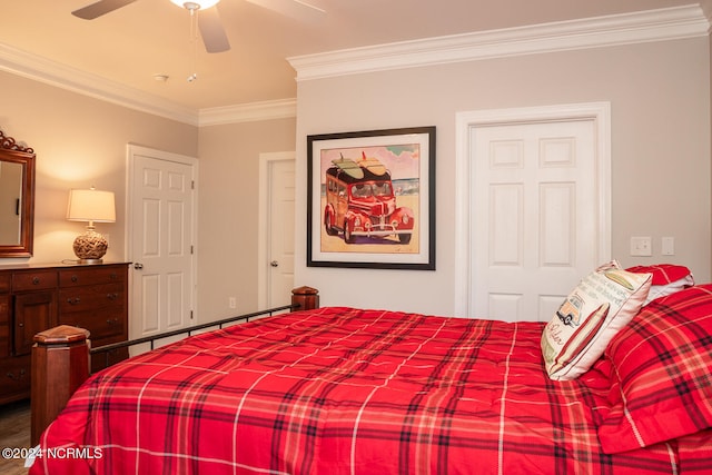 bedroom with ornamental molding and ceiling fan