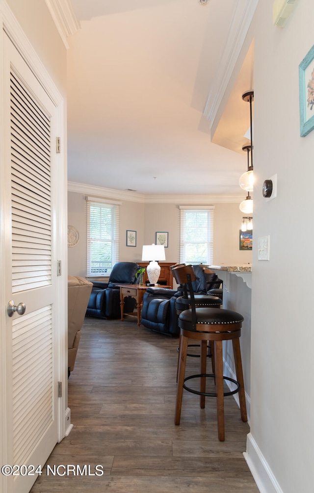 living room with plenty of natural light, dark hardwood / wood-style floors, and crown molding