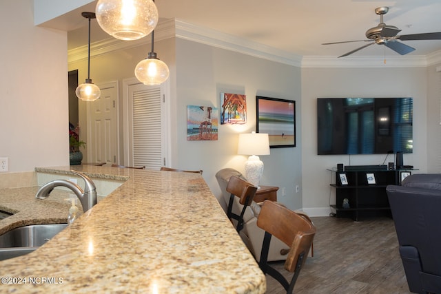 dining space featuring dark wood-type flooring, crown molding, sink, and ceiling fan