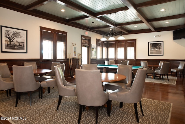 dining room with coffered ceiling, beam ceiling, and dark hardwood / wood-style flooring