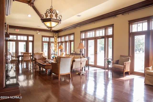 dining area featuring french doors, crown molding, dark hardwood / wood-style flooring, and a wealth of natural light