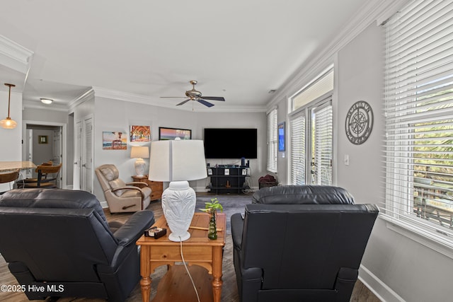 648 Village Park Dr Unit 203, Wilmington, NC 28405 - living room featuring baseboards, wood finished floors, ceiling fan, plenty of natural light, and crown molding