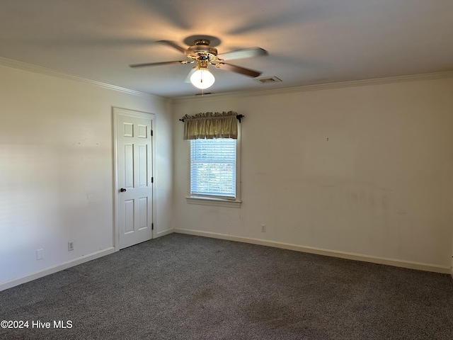 carpeted empty room with ceiling fan and ornamental molding