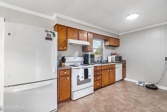 kitchen featuring ornamental molding, white appliances, and sink