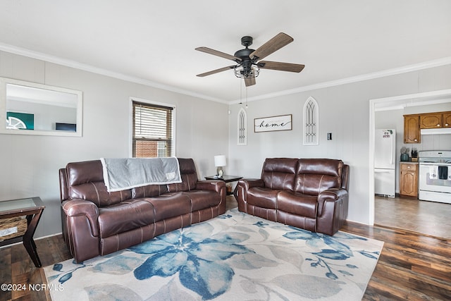 living room with ceiling fan, dark hardwood / wood-style floors, and crown molding