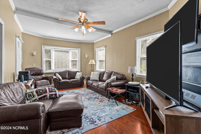 living room with a textured ceiling, crown molding, ceiling fan, and dark wood-type flooring