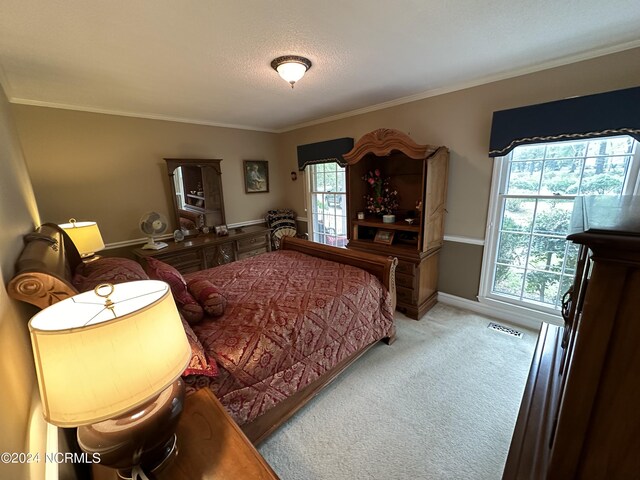 carpeted bedroom with ornamental molding and a textured ceiling