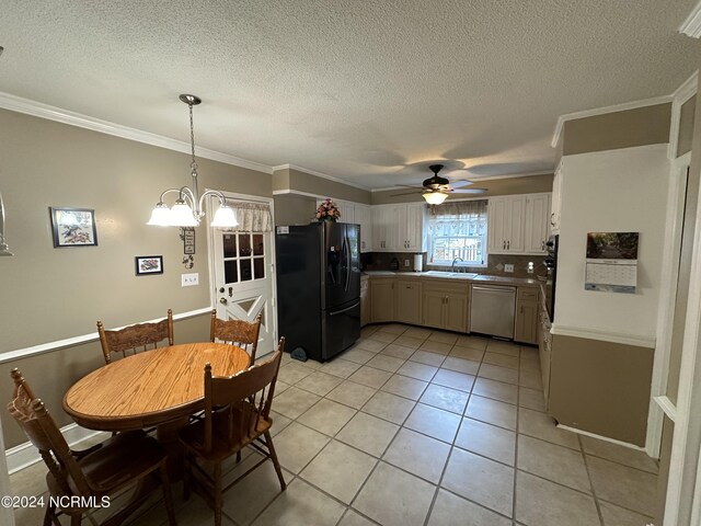 kitchen featuring sink, dishwasher, ceiling fan with notable chandelier, crown molding, and black fridge with ice dispenser