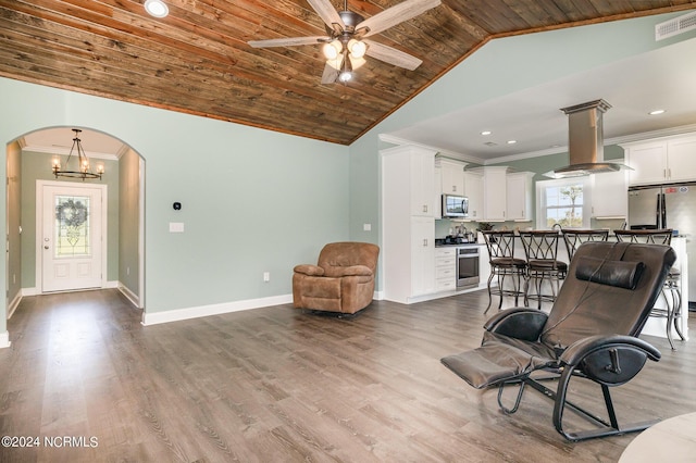 living room featuring ceiling fan with notable chandelier, wooden ceiling, lofted ceiling, and hardwood / wood-style flooring