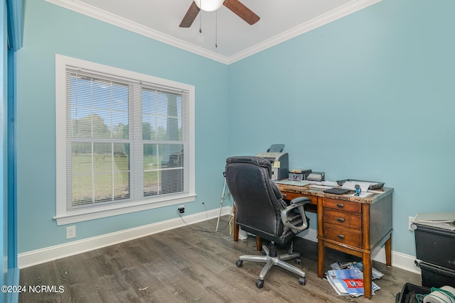 office featuring hardwood / wood-style floors, ceiling fan, and crown molding