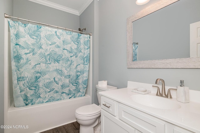 full bathroom with vanity, hardwood / wood-style flooring, toilet, ornamental molding, and shower / tub combo with curtain