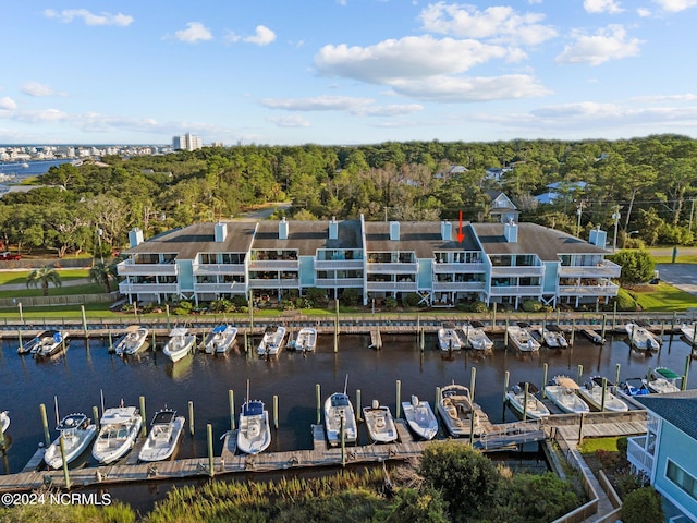 bird's eye view with a water view