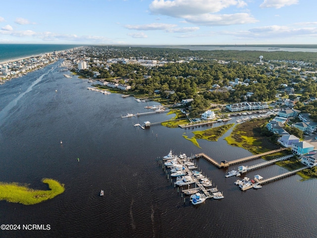 bird's eye view with a water view