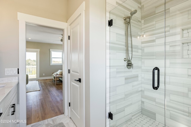 bathroom featuring vanity and a shower with door