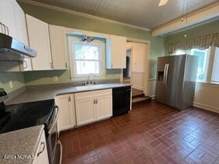 kitchen with white cabinets, ornamental molding, and black appliances