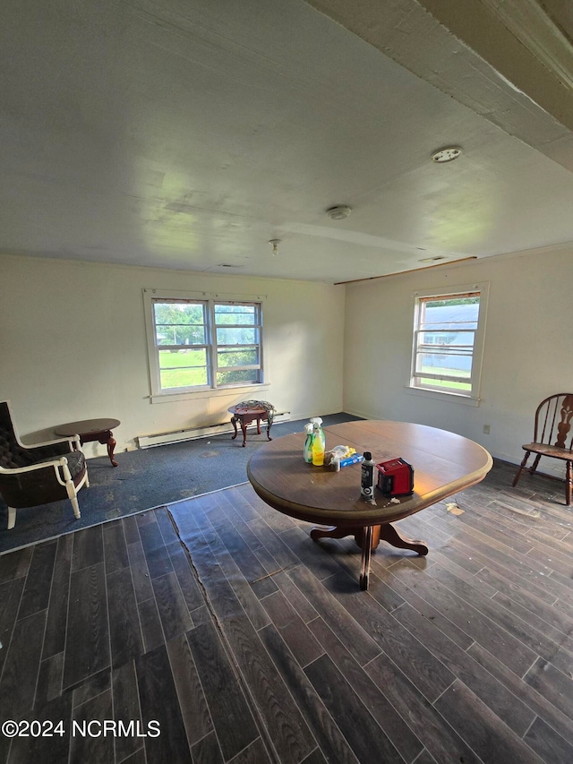 interior space with baseboard heating, dark hardwood / wood-style flooring, and a wealth of natural light