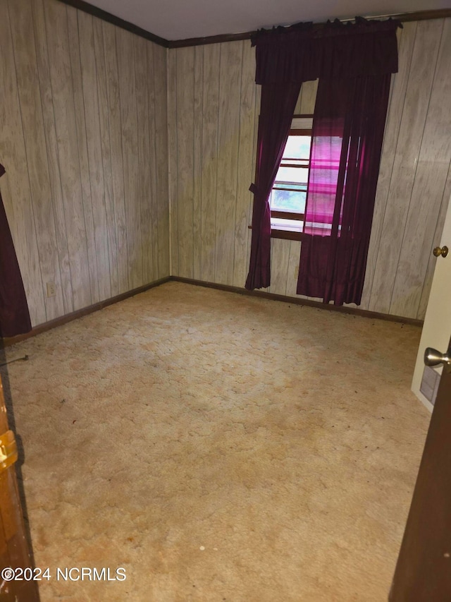 carpeted spare room with wooden walls