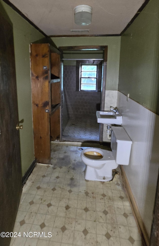 bathroom with a tile shower, ornamental molding, toilet, and sink