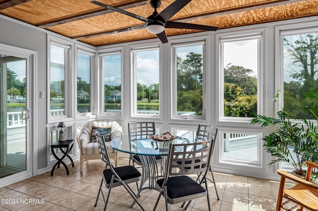 sunroom with wooden ceiling, ceiling fan, and plenty of natural light