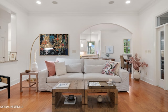 living room with light hardwood / wood-style floors and ornamental molding