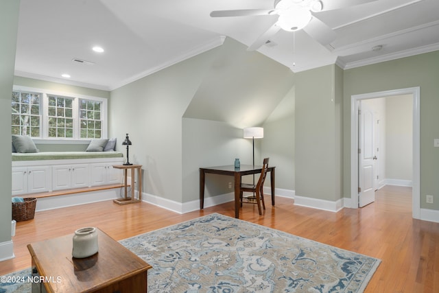 living area with ceiling fan, light hardwood / wood-style flooring, and ornamental molding