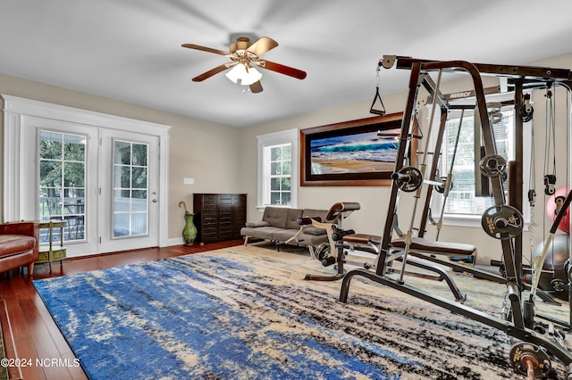 workout room featuring plenty of natural light, ceiling fan, and dark hardwood / wood-style floors