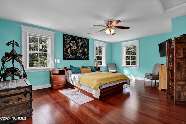 bedroom with multiple windows, ceiling fan, and dark wood-type flooring