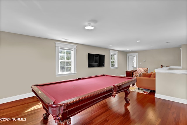 game room with billiards and hardwood / wood-style floors