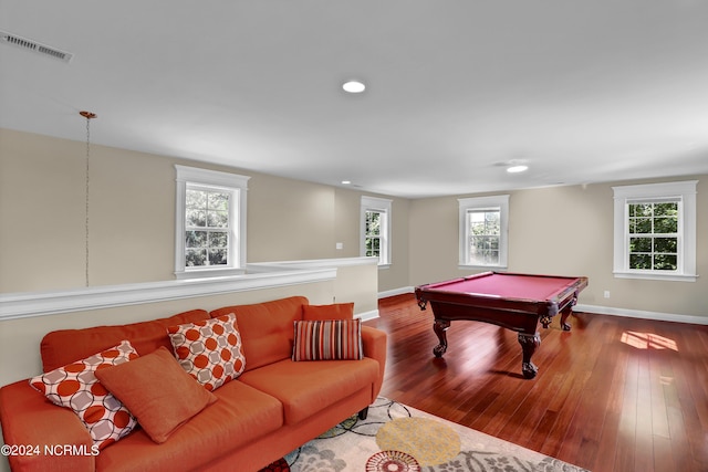 rec room featuring baseboards, billiards, recessed lighting, visible vents, and wood finished floors