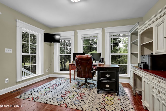 home office featuring dark hardwood / wood-style floors and a wealth of natural light