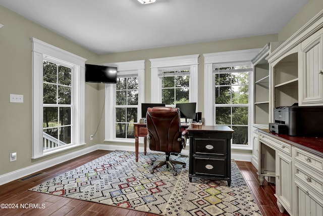 office area featuring dark wood-style flooring, baseboards, and visible vents