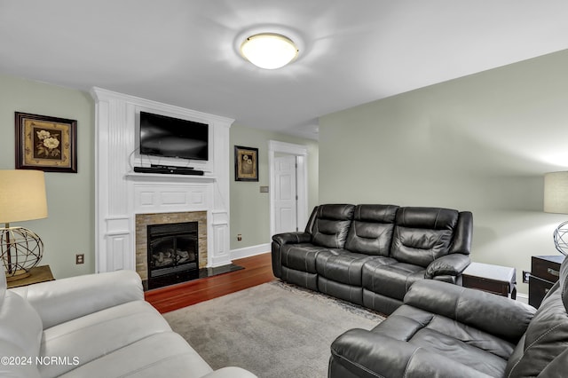 living area with baseboards, wood finished floors, and a fireplace