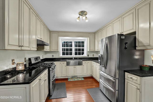 kitchen featuring cream cabinets, under cabinet range hood, stainless steel appliances, a sink, and wood finished floors