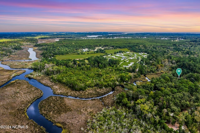 aerial view at dusk with a forest view and a water view