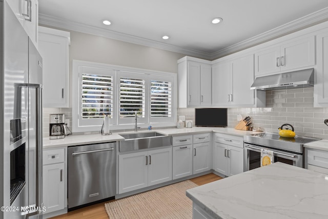 kitchen featuring crown molding, appliances with stainless steel finishes, sink, and white cabinetry