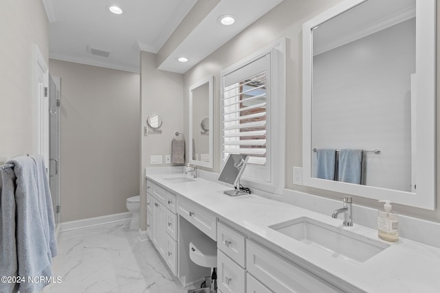 bathroom with an enclosed shower, ornamental molding, vanity, and toilet