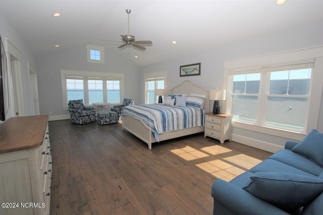 bedroom featuring a water view, ceiling fan, vaulted ceiling, and dark hardwood / wood-style floors